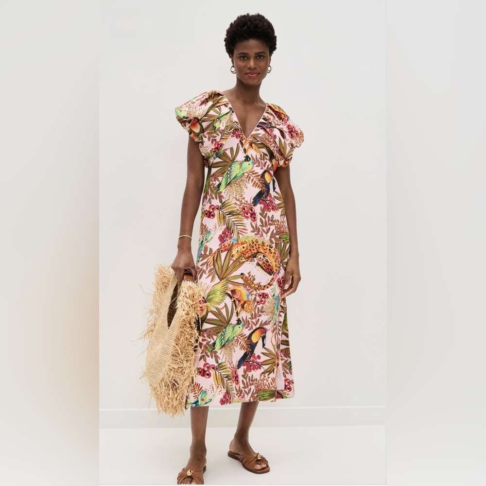 Farm Rio Pink Into The Jungle Euroflax™ Premium Linen Midi Dress NWT